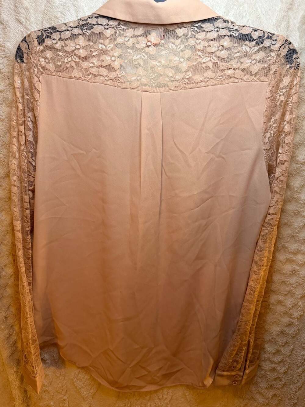 Forever 21 Blush Pink Long Sleeve Button Down Blouse with Floral Lace Accents